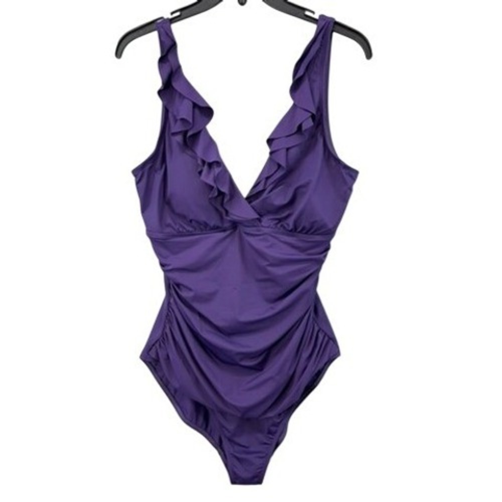 Lauren Ralph Lauren Swimsuit Womens Sz 16 One Piece Purple Ruffle Ruched